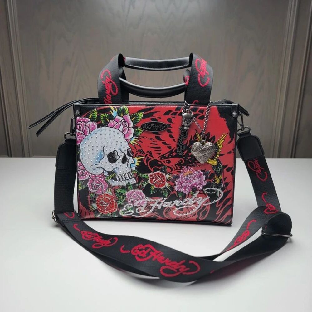 Ed Hardy Honor Skull Tote Bag Rhinestone Roses Crossbody Purse Red Black Y2K